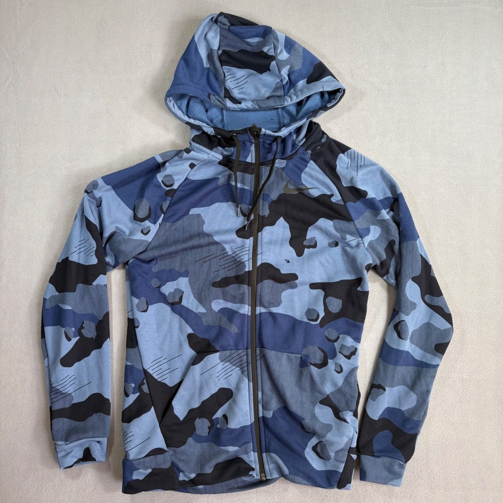Nike Full Zip Hoodie Mens Small Blue Camo Excellent Dri-FIT BV2718-427 Camo